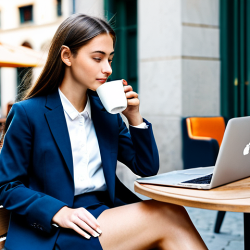 Home 14 A Mobile Professional**
"A young professional woman sitting at an outdoor cafe, working on a laptop, sipping a coffee, fully clothed in a stylish and modest business casual outfit, appropriate attire, safe for work, perfect anatomy, natural proportions, bright daylight, busy city street background, professional photograph, family-friendly"
**