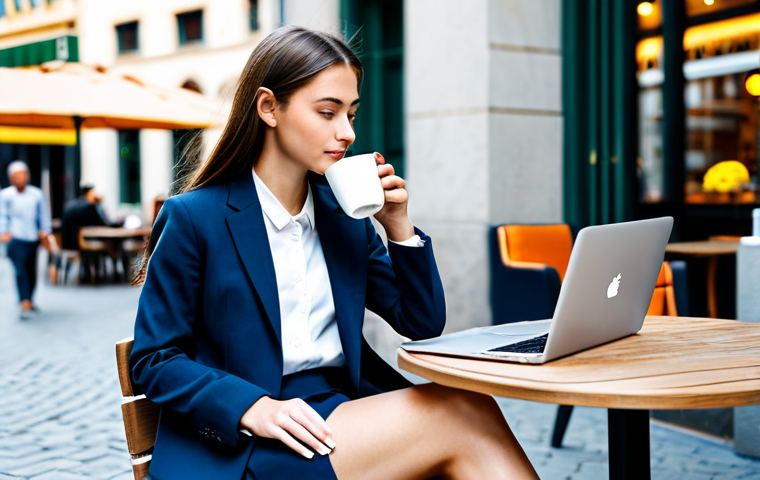 A Mobile Professional**
"A young professional woman sitting at an outdoor cafe, working on a laptop, sipping a coffee, fully clothed in a stylish and modest business casual outfit, appropriate attire, safe for work, perfect anatomy, natural proportions, bright daylight, busy city street background, professional photograph, family-friendly"
**