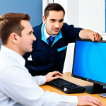 **

"A friendly IT support technician, fully clothed in a professional help desk uniform, assisting a user with computer update problems. The setting is a bright, modern office. The technician is pointing at a computer screen displaying troubleshooting steps. Emphasis on clear communication and problem-solving. safe for work, appropriate content, professional, family-friendly, perfect anatomy, correct proportions, natural pose, well-formed hands, proper finger count, natural body proportions."

**