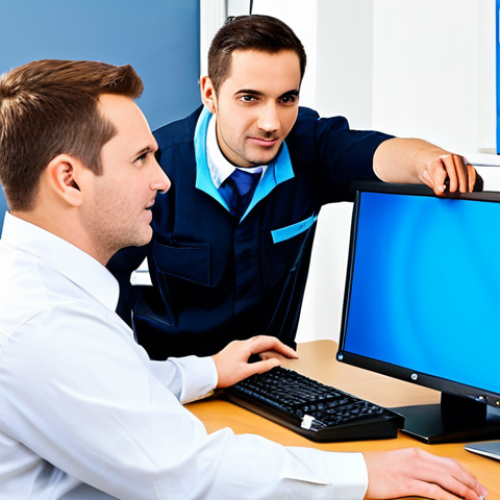 Home 7 **
"A friendly IT support technician, fully clothed in a professional help desk uniform, assisting a user with computer update problems. The setting is a bright, modern office. The technician is pointing at a computer screen displaying troubleshooting steps. Emphasis on clear communication and problem-solving. safe for work, appropriate content, professional, family-friendly, perfect anatomy, correct proportions, natural pose, well-formed hands, proper finger count, natural body proportions."
**
