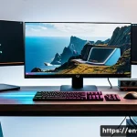 운영체제별 게임 성능 비교 - A dynamic gaming setup showcasing three distinct computer workstations side by side: one running Win...