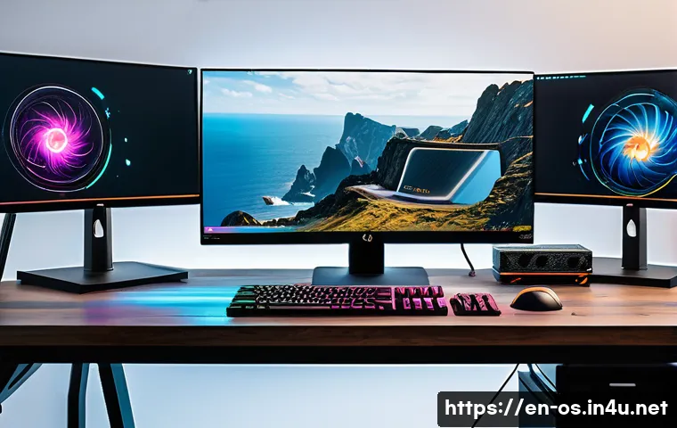 운영체제별 게임 성능 비교 - A dynamic gaming setup showcasing three distinct computer workstations side by side: one running Win...