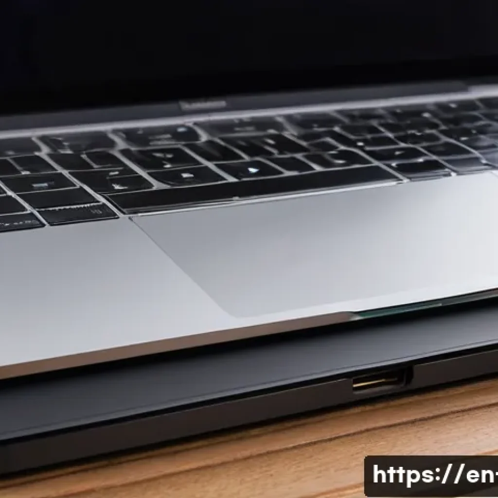 macOS에서 외장 드라이브 인식 문제 해결 - A close-up, high-resolution image of a modern MacBook with multiple USB-C ports visible, one port co...