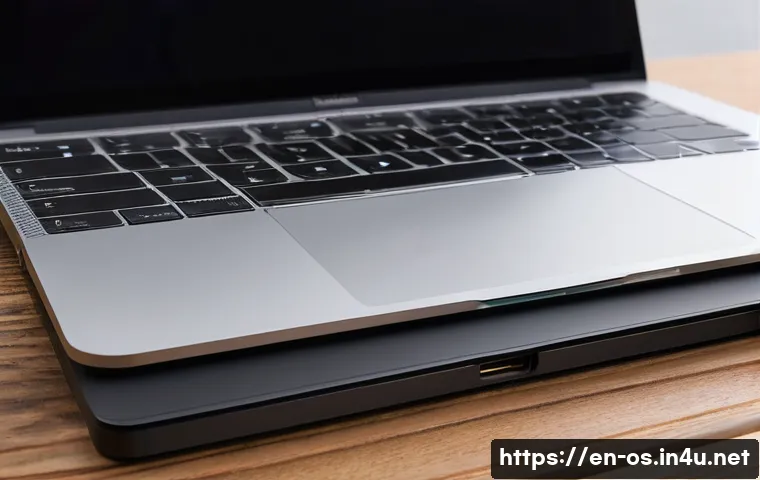 macOS에서 외장 드라이브 인식 문제 해결 - A close-up, high-resolution image of a modern MacBook with multiple USB-C ports visible, one port co...