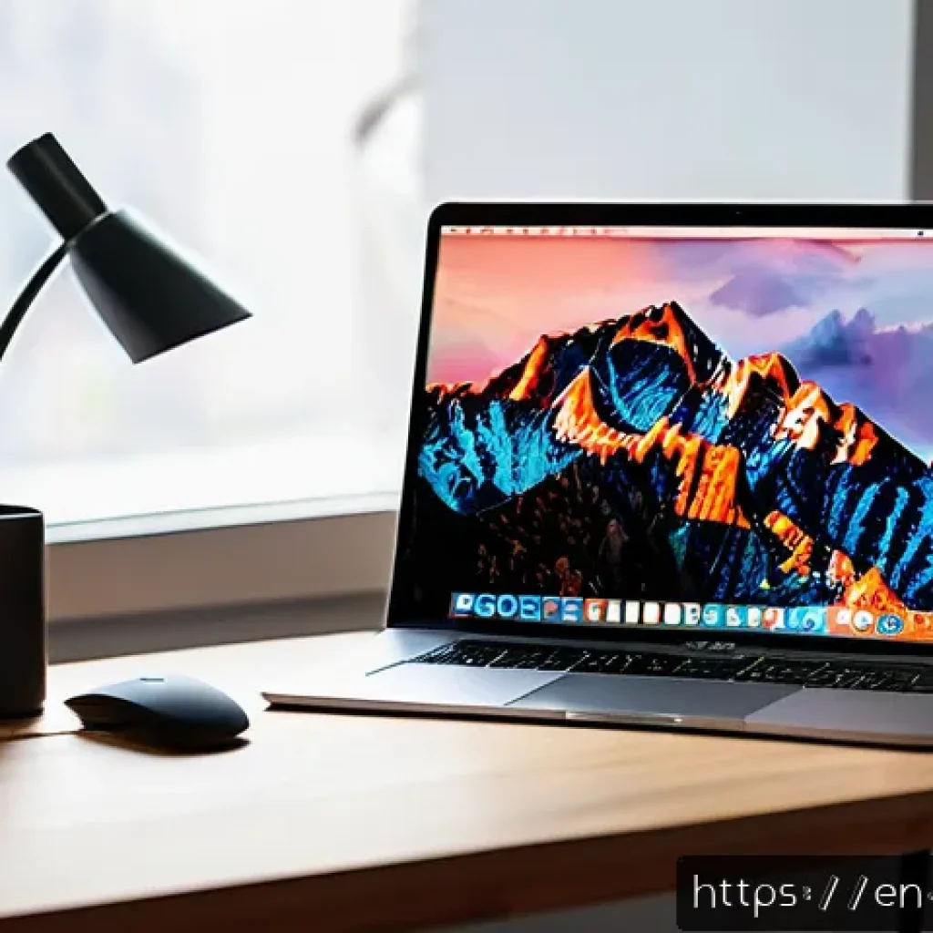 macOS의 키보드 단축키 설정 팁 - A modern, well-lit home office setup featuring a sleek MacBook Pro on a minimalist wooden desk, with...