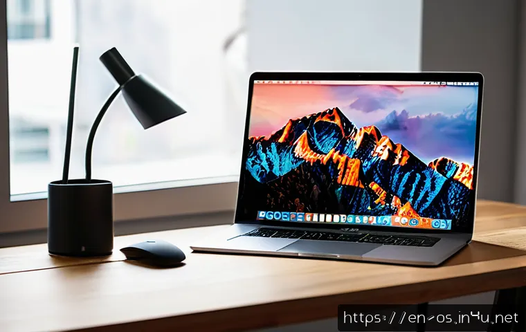 macOS의 키보드 단축키 설정 팁 - A modern, well-lit home office setup featuring a sleek MacBook Pro on a minimalist wooden desk, with...