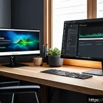 Home 22 운영체제별 드라이버 관리 방법 - A modern home office setup with a sleek desktop computer displaying a detailed Device Manager window...
