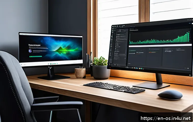 운영체제별 드라이버 관리 방법 - A modern home office setup with a sleek desktop computer displaying a detailed Device Manager window...