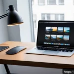 Home 21 macOS의 최신 버전 기능 소개 - A sleek modern workspace featuring a MacBook with macOS Stage Manager active on screen, showing neat...