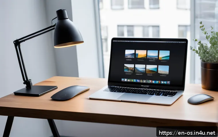 macOS의 최신 버전 기능 소개 - A sleek modern workspace featuring a MacBook with macOS Stage Manager active on screen, showing neat...