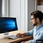 Home 19 윈도우 11에서 앱 호환성 문제 해결 - A modern home office setting with a focused young professional using a sleek laptop running Windows ...